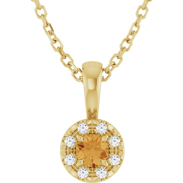 14K Gold Emerald Natural Citrine Halo-Style Necklace or Pendant - Yellow Gold