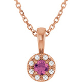 14K Gold Emerald Natural Pink Tourmaline Halo-Style Necklace or Pendant - Rose Gold