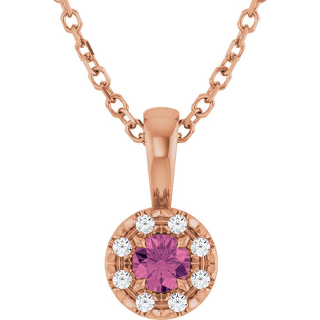 14K Gold Emerald Natural Pink Tourmaline Halo-Style Necklace or Pendant - Rose Gold