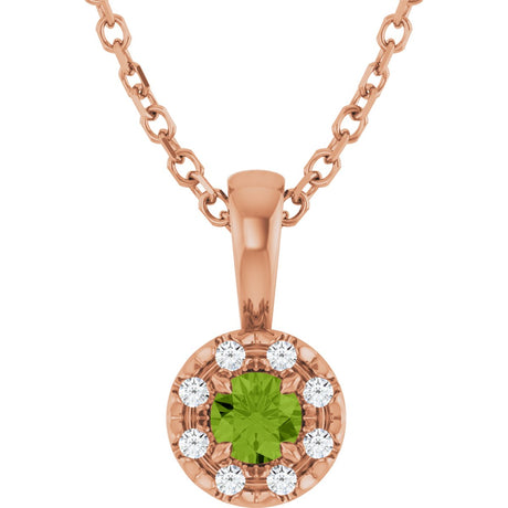 14K Gold Emerald Natural Peridot Halo-Style Necklace or Pendant - Rose Gold