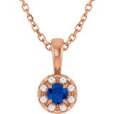 14K Gold Emerald Natural Blue Sapphire Halo-Style Necklace or Pendant - Rose Gold