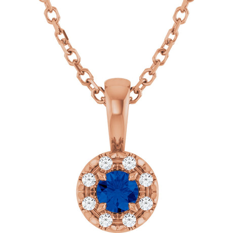 14K Gold Emerald Natural Blue Sapphire Halo-Style Necklace or Pendant - Rose Gold