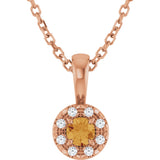 14K Gold Emerald Natural Citrine Halo-Style Necklace or Pendant - Rose Gold