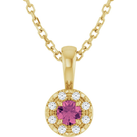 14K Gold Emerald Natural Pink Tourmaline Halo-Style Necklace or Pendant - Yellow Gold