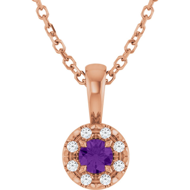 14K Gold Emerald Natural Amethyst Halo-Style Necklace or Pendant - Rose Gold