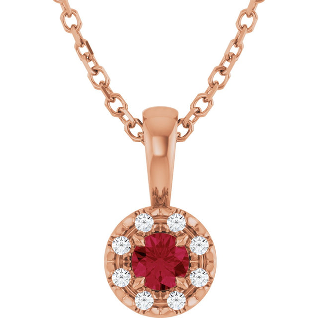 14K Gold Emerald Natural Ruby Halo-Style Necklace or Pendant - Rose Gold