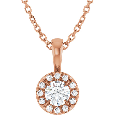 14K Gold Emerald Natural White Sapphire Halo-Style Necklace or Pendant - Rose Gold