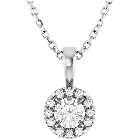 14K Gold Emerald Natural White Sapphire Halo-Style Necklace or Pendant - White Gold