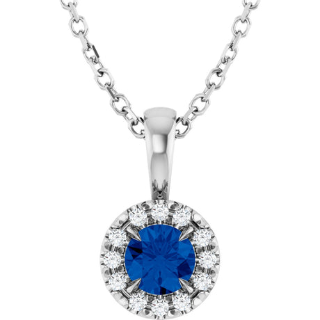 Platinum Emerald Lab-Grown Blue Sapphire Halo-Style Necklace or Pendant