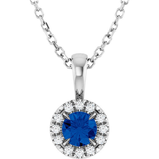 Platinum Emerald Lab-Grown Blue Sapphire Halo-Style Necklace or Pendant