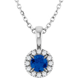 14K Gold Emerald Natural Blue Sapphire Halo-Style Necklace or Pendant - White Gold