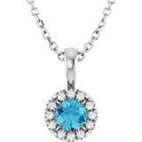 14K Gold Emerald Natural Blue Zircon Halo-Style Necklace or Pendant - White Gold