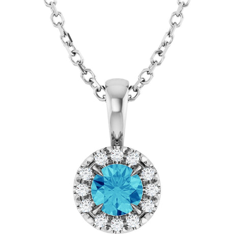 14K Gold Emerald Natural Blue Zircon Halo-Style Necklace or Pendant - White Gold