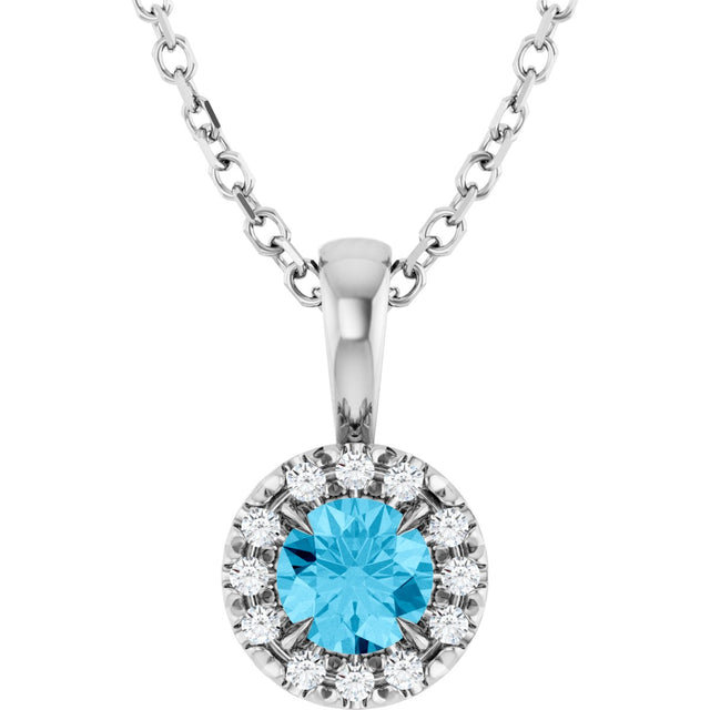 14K Gold Emerald Natural Aquamarine Halo-Style Necklace or Pendant - White Gold
