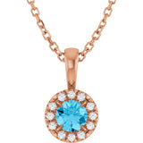 14K Gold Emerald Natural Aquamarine Halo-Style Necklace or Pendant - Rose Gold