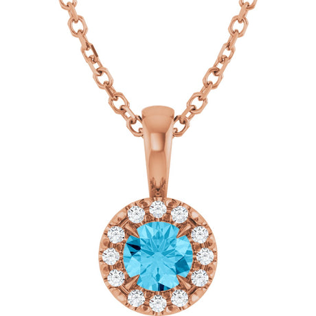 14K Gold Emerald Natural Aquamarine Halo-Style Necklace or Pendant - Rose Gold