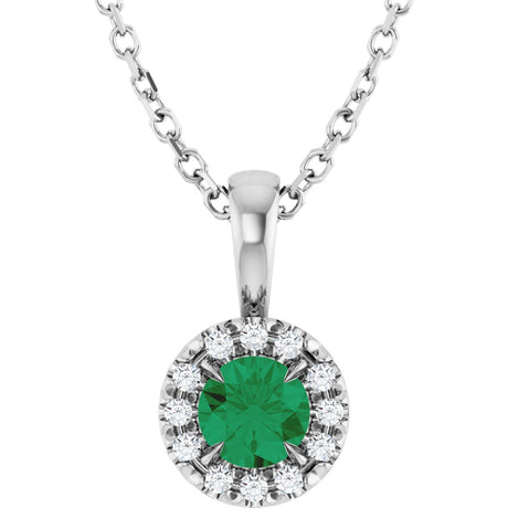 14K Gold Emerald Lab-Grown Emerald Halo-Style Necklace or Pendant - White Gold