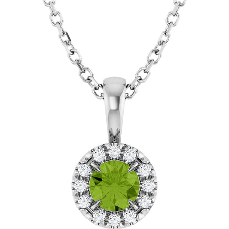 14K Gold Emerald Natural Peridot Halo-Style Necklace or Pendant - White Gold