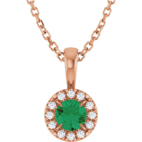 14K Gold Emerald Natural Emerald Halo-Style Necklace or Pendant - Rose Gold
