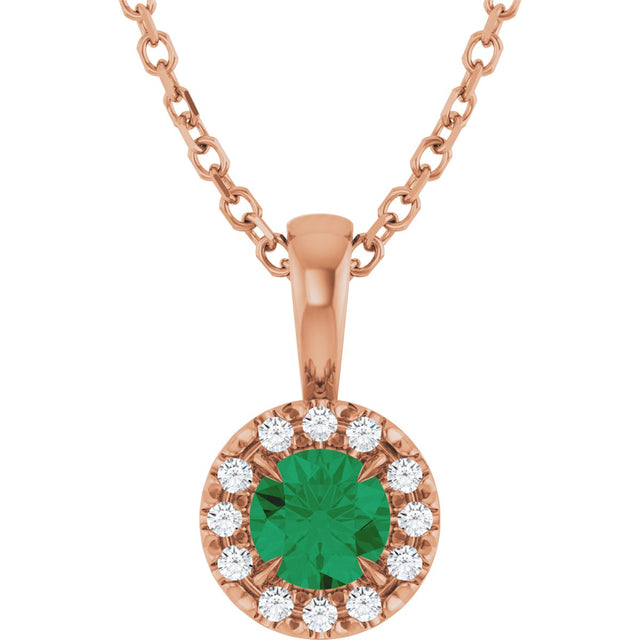14K Gold Emerald Natural Emerald Halo-Style Necklace or Pendant - Rose Gold