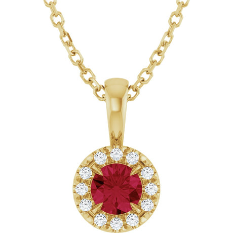 14K Gold Emerald Lab-Grown Ruby Halo-Style Necklace or Pendant - Yellow Gold