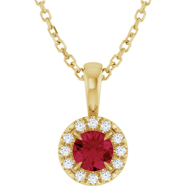 14K Gold Emerald Lab-Grown Ruby Halo-Style Necklace or Pendant - Yellow Gold