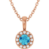 14K Gold Emerald Natural Blue Zircon Halo-Style Necklace or Pendant - Rose Gold
