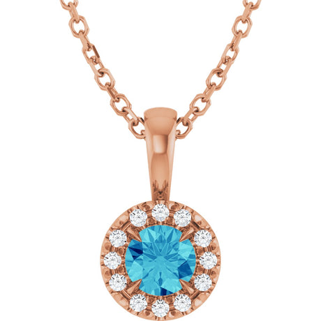 14K Gold Emerald Natural Blue Zircon Halo-Style Necklace or Pendant - Rose Gold