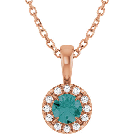 14K Gold Emerald Lab-Grown Alexandrite Halo-Style Necklace or Pendant - Rose Gold