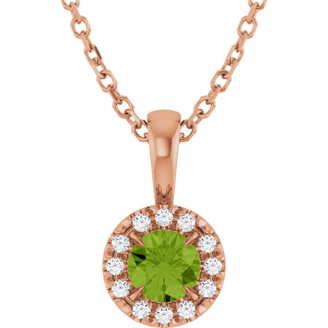 14K Gold Emerald Natural Peridot Halo-Style Necklace or Pendant - Rose Gold