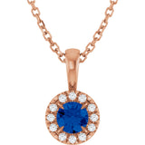 14K Gold Emerald Lab-Grown Blue Sapphire Halo-Style Necklace or Pendant - Rose Gold