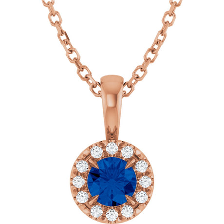 14K Gold Emerald Lab-Grown Blue Sapphire Halo-Style Necklace or Pendant - Rose Gold