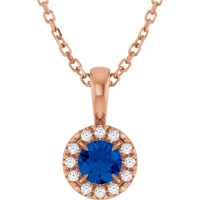 14K Gold Emerald Lab-Grown Blue Sapphire Halo-Style Necklace or Pendant - Rose Gold