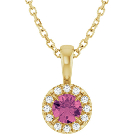 14K Gold Emerald Natural Pink Tourmaline Halo-Style Necklace or Pendant - Yellow Gold