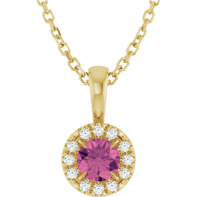 14K Gold Emerald Natural Pink Tourmaline Halo-Style Necklace or Pendant - Yellow Gold