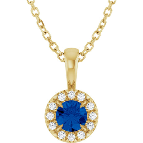 14K Gold Emerald Lab-Grown Blue Sapphire Halo-Style Necklace or Pendant - Yellow Gold