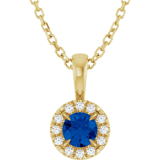 14K Gold Emerald Lab-Grown Blue Sapphire Halo-Style Necklace or Pendant - Yellow Gold