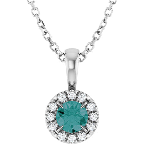 Platinum Emerald Lab-Grown Alexandrite Halo-Style Necklace or Pendant