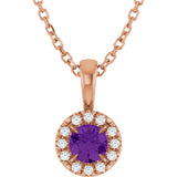 14K Gold Emerald Natural Amethyst Halo-Style Necklace or Pendant - Rose Gold