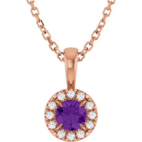 14K Gold Emerald Natural Amethyst Halo-Style Necklace or Pendant - Rose Gold