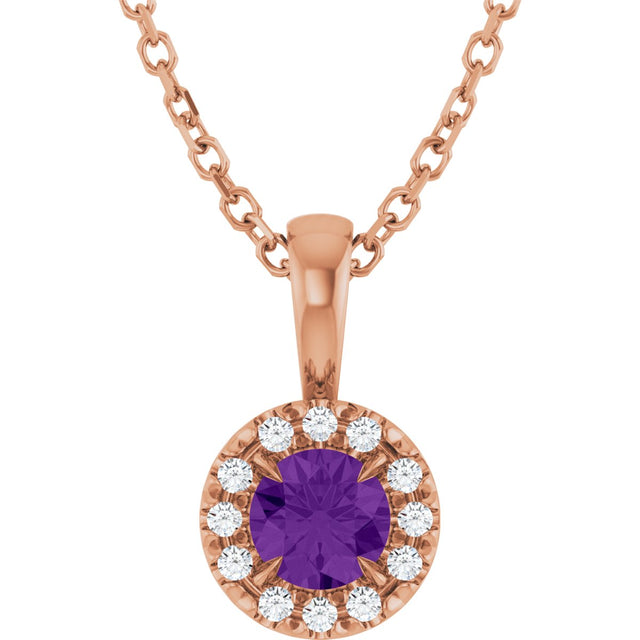 14K Gold Emerald Natural Amethyst Halo-Style Necklace or Pendant - Rose Gold