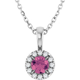 14K Gold Emerald Natural Pink Tourmaline Halo-Style Necklace or Pendant - White Gold