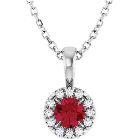 14K Gold Emerald Lab-Grown Ruby Halo-Style Necklace or Pendant - White Gold