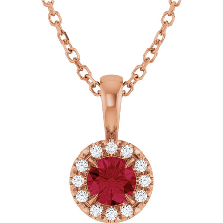 14K Gold Emerald Lab-Grown Ruby Halo-Style Necklace or Pendant - Rose Gold