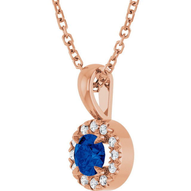 14K Gold Emerald Lab-Grown Blue Sapphire Halo-Style Necklace or Pendant - Rose Gold - view 2