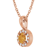 14K Gold Emerald Natural Citrine Halo-Style Necklace or Pendant - Rose Gold