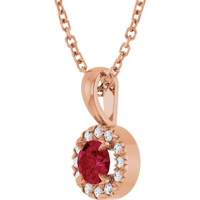 14K Gold Emerald Lab-Grown Ruby Halo-Style Necklace or Pendant - Rose Gold - view 2