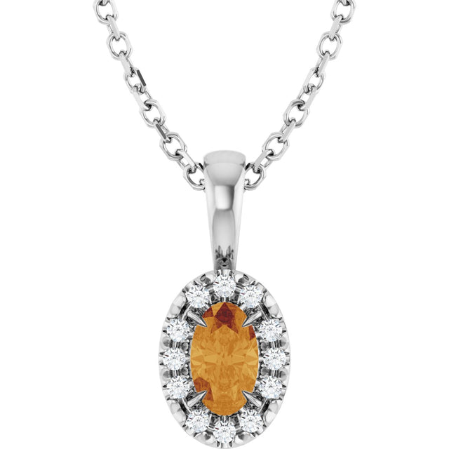 14K Gold Emerald Natural Citrine Halo-Style Necklace or Pendant - White Gold