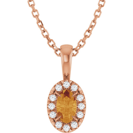 14K Gold Emerald Natural Citrine Halo-Style Necklace or Pendant - Rose Gold
