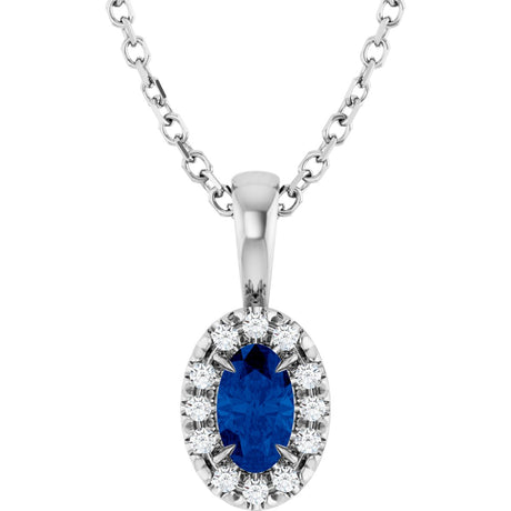 14K Gold Emerald Lab-Grown Blue Sapphire Halo-Style Necklace or Pendant - White Gold